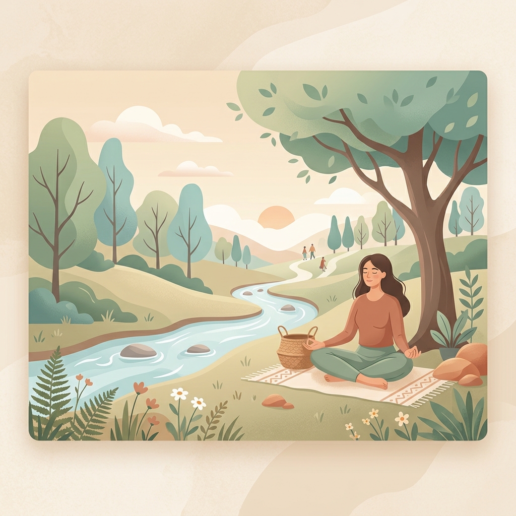 A calm nature scene depicting meditation and breathing, representing restorative justice